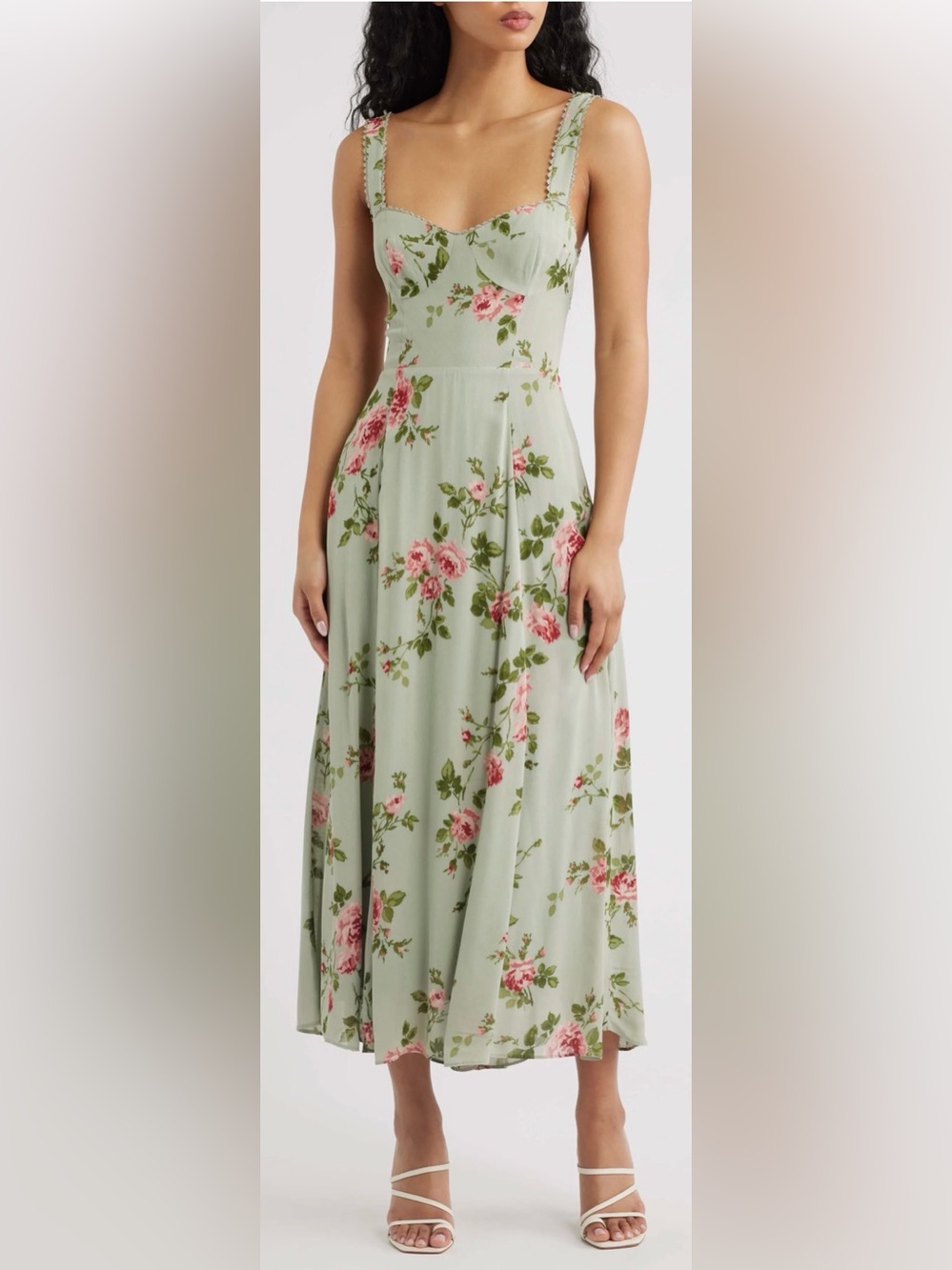 Reformation Pale Sage Green Floral Midi Dress with Pink Roses